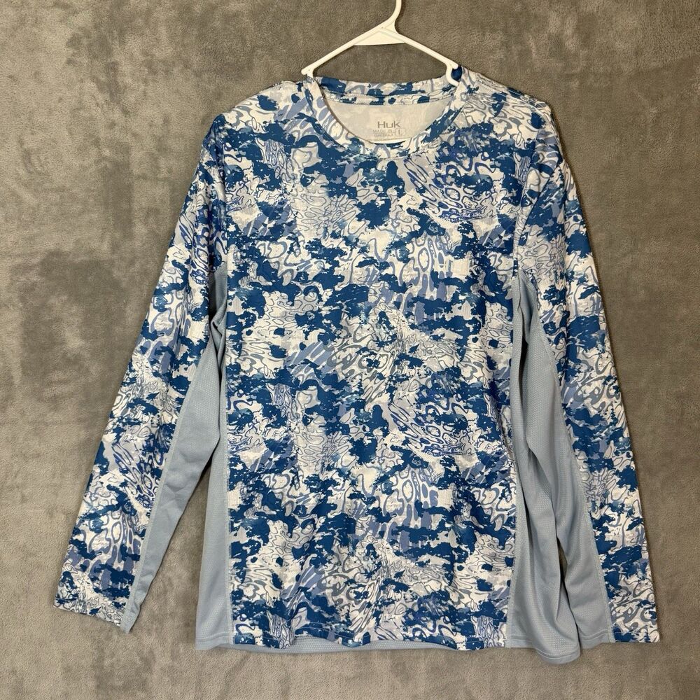Huk Fishing Shirt Men L Blue Camo Fade Pursuit Performance UPF Long Sleeve Tee